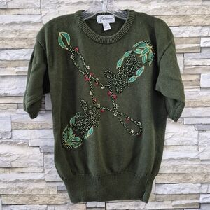 VTG Jubiana Stylist Sweater S/M Olive Green Embroidered Short Sleeve Grandmacore